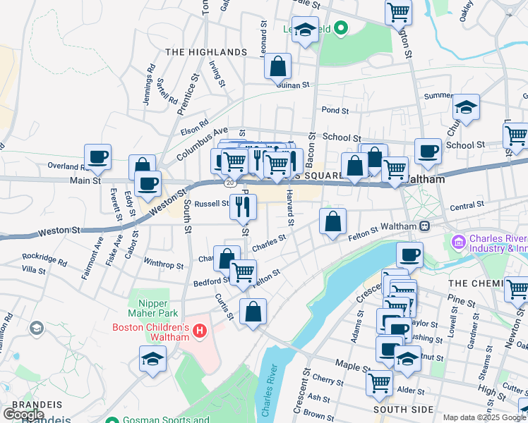 map of restaurants, bars, coffee shops, grocery stores, and more near 9 Floyd Street in Waltham