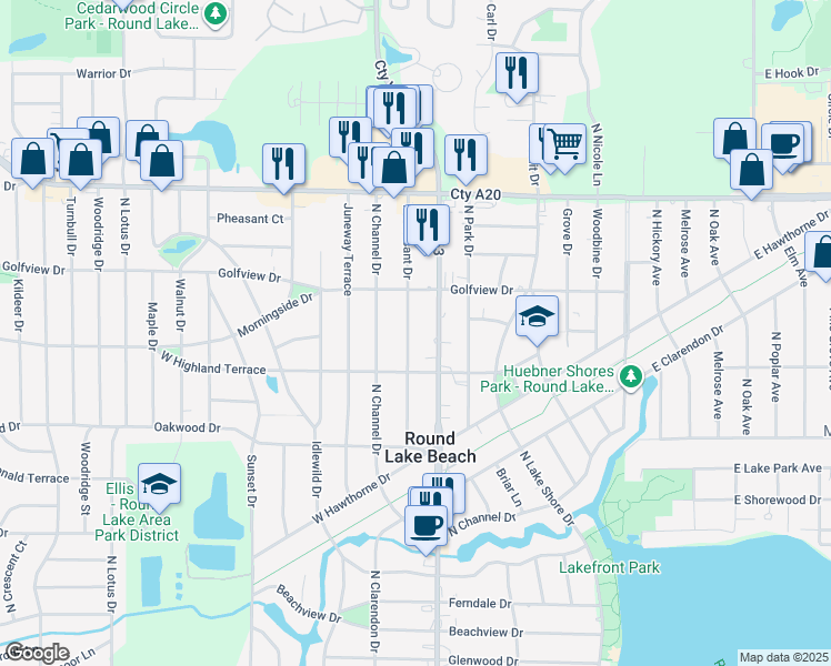 map of restaurants, bars, coffee shops, grocery stores, and more near 1425 North Pleasant Drive in Round Lake Beach