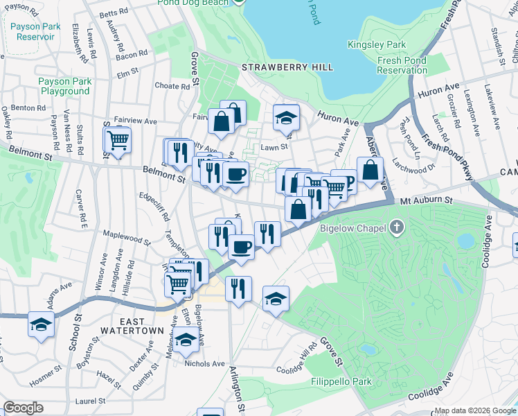 map of restaurants, bars, coffee shops, grocery stores, and more near 82 Belmont Street in Watertown