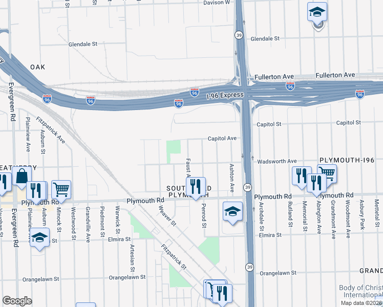 map of restaurants, bars, coffee shops, grocery stores, and more near 12038 Faust Avenue in Detroit
