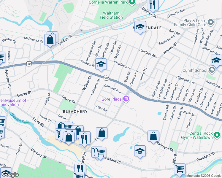 map of restaurants, bars, coffee shops, grocery stores, and more near 25 Rangeley Road in Waltham