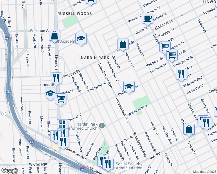 map of restaurants, bars, coffee shops, grocery stores, and more near 11387 Broadstreet Ave in Detroit