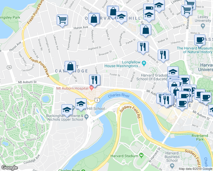 map of restaurants, bars, coffee shops, grocery stores, and more near 259 Mt Auburn St in Mid-Cambridge
