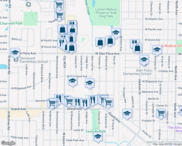 map of restaurants, bars, coffee shops, grocery stores, and more near 1010 New York Street in Waukegan