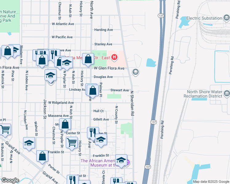 map of restaurants, bars, coffee shops, grocery stores, and more near 303 Stewart Avenue in Waukegan