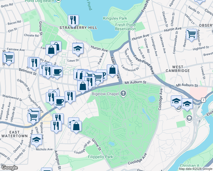 map of restaurants, bars, coffee shops, grocery stores, and more near Mt Auburn St & Homer Ave in Cambridge