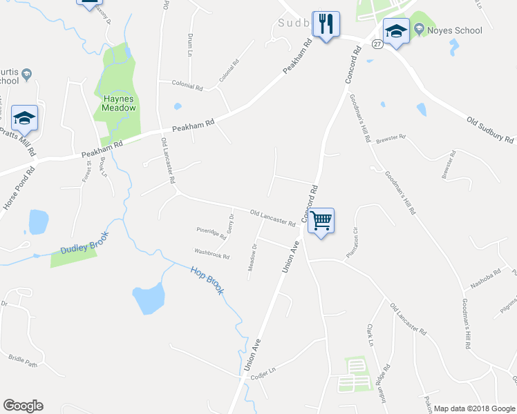 map of restaurants, bars, coffee shops, grocery stores, and more near 220 Old Lancaster Road in Sudbury