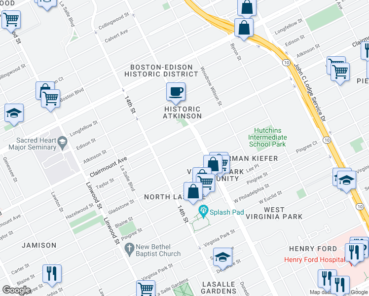 map of restaurants, bars, coffee shops, grocery stores, and more near 1963 Taylor Street in Detroit