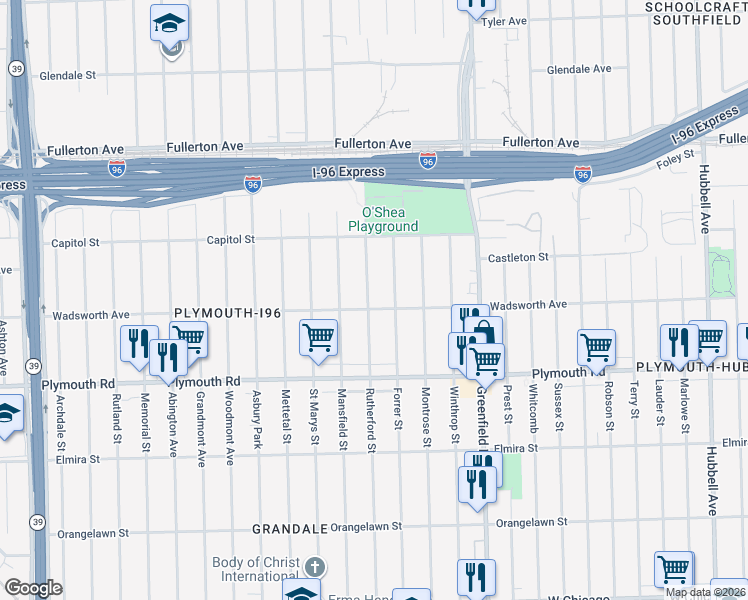 map of restaurants, bars, coffee shops, grocery stores, and more near 12016 Rutherford Street in Detroit