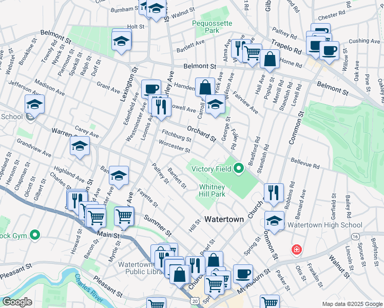 map of restaurants, bars, coffee shops, grocery stores, and more near 131 Worcester Street in Watertown