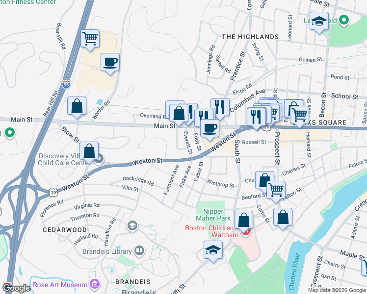 map of restaurants, bars, coffee shops, grocery stores, and more near 58 Nathan Road in Waltham