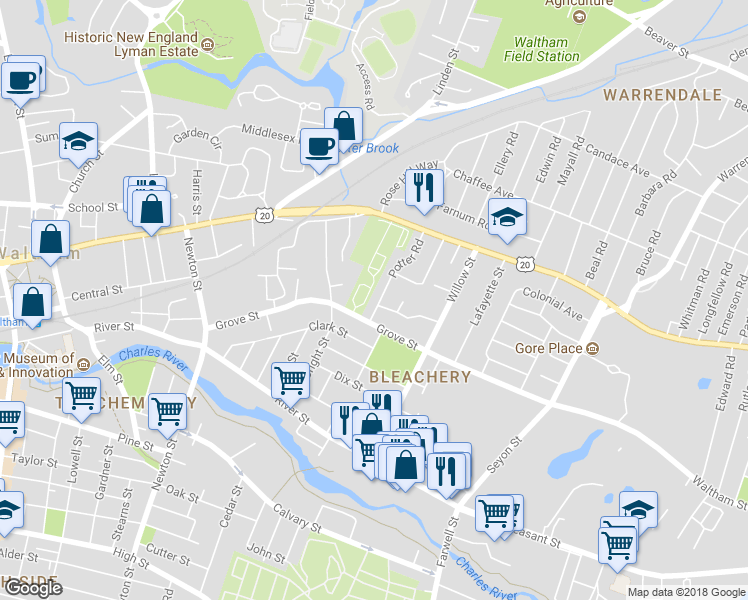 map of restaurants, bars, coffee shops, grocery stores, and more near 81 Potter Road in Waltham