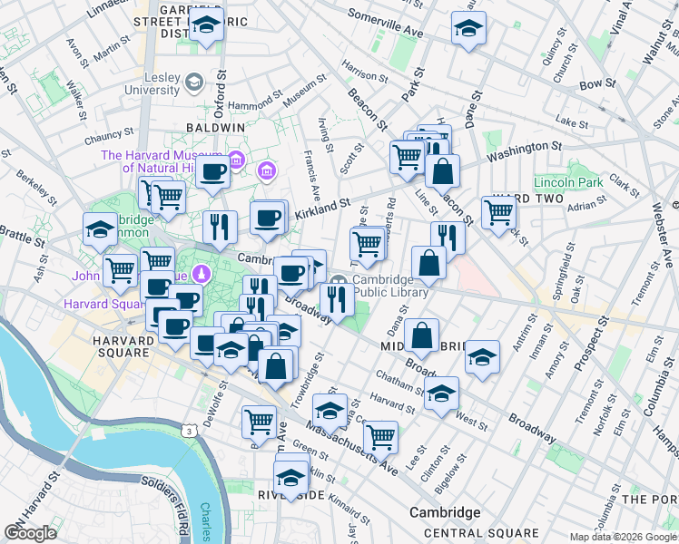 map of restaurants, bars, coffee shops, grocery stores, and more near 1640 Cambridge Street in Cambridge