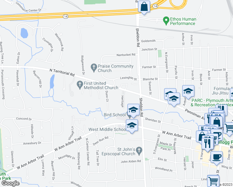 map of restaurants, bars, coffee shops, grocery stores, and more near 12915 West Heritage Drive in Plymouth