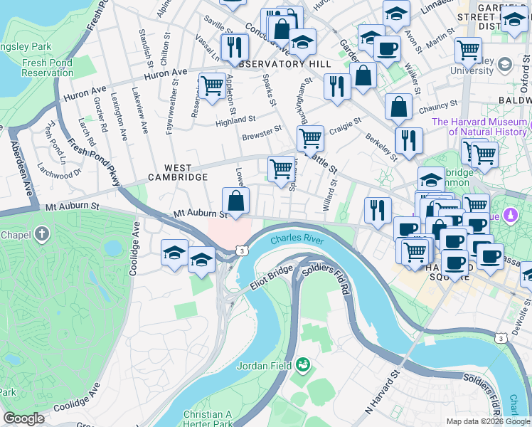 map of restaurants, bars, coffee shops, grocery stores, and more near 259 Mount Auburn Street in Cambridge