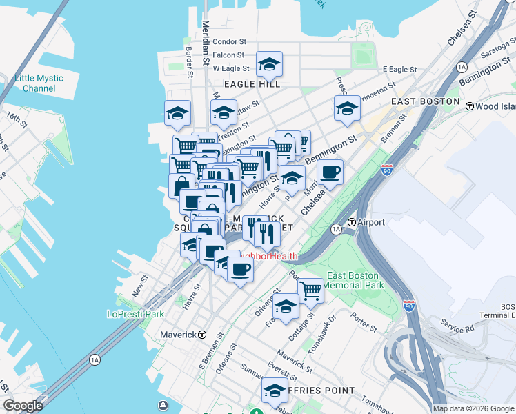 map of restaurants, bars, coffee shops, grocery stores, and more near 229 Havre Street in Boston