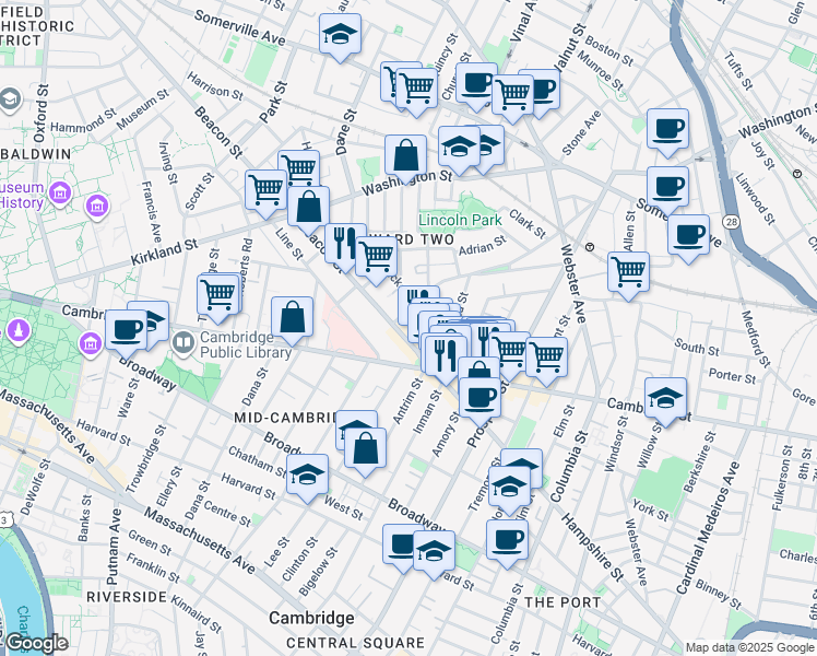 map of restaurants, bars, coffee shops, grocery stores, and more near 17 Hammond Street in Somerville