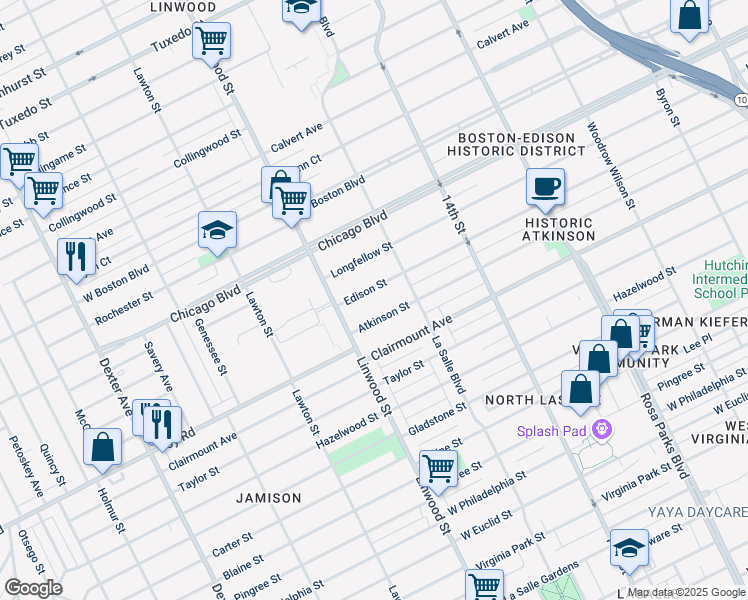 map of restaurants, bars, coffee shops, grocery stores, and more near 2461 Edison Street in Detroit