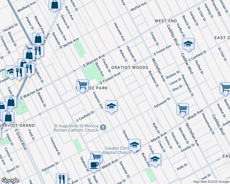 map of restaurants, bars, coffee shops, grocery stores, and more near 4450 Burns Avenue in Detroit