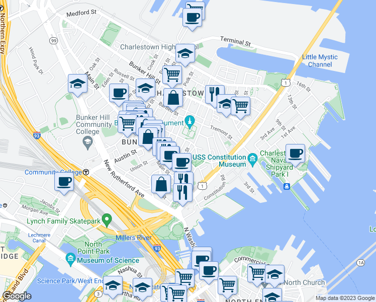 map of restaurants, bars, coffee shops, grocery stores, and more near 47 Soley Street in Boston