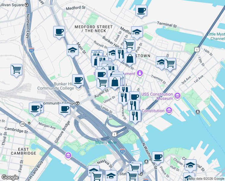 map of restaurants, bars, coffee shops, grocery stores, and more near in Boston