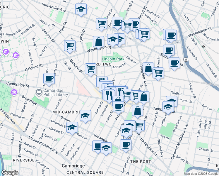 map of restaurants, bars, coffee shops, grocery stores, and more near 34 Springfield Street in Somerville