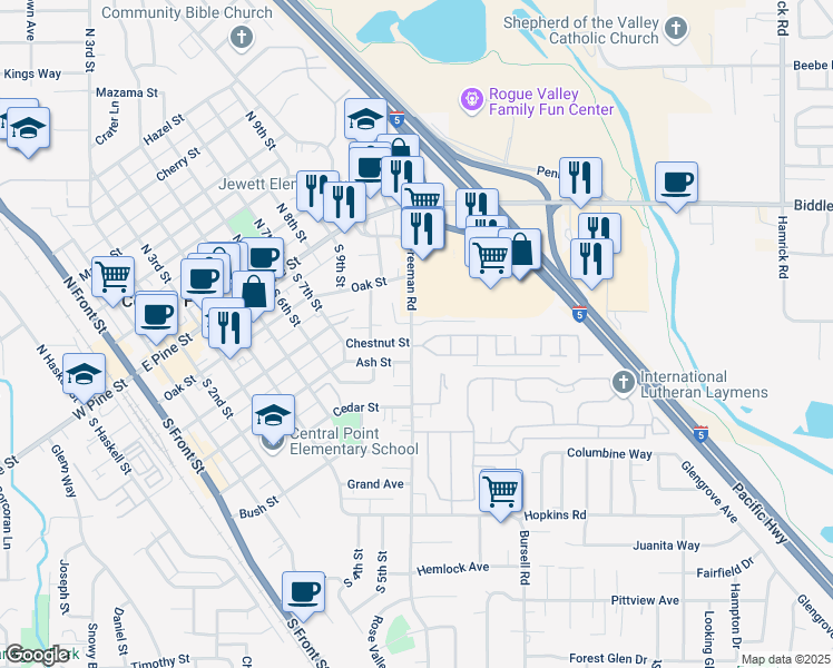 map of restaurants, bars, coffee shops, grocery stores, and more near 301 Freeman Road in Central Point