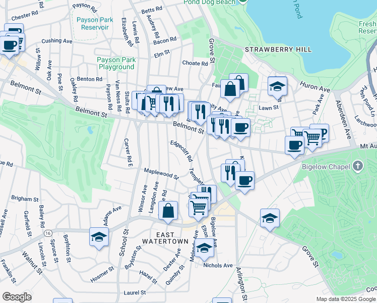 map of restaurants, bars, coffee shops, grocery stores, and more near 44 Woodleigh Road in Watertown