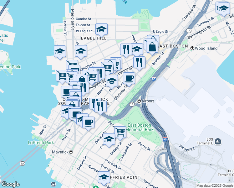 map of restaurants, bars, coffee shops, grocery stores, and more near 217 Chelsea Street in Boston