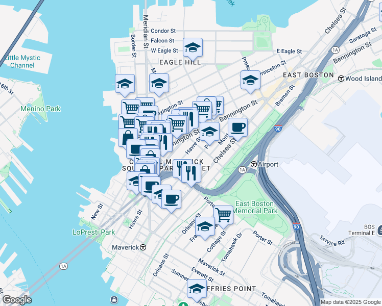 map of restaurants, bars, coffee shops, grocery stores, and more near 227 Havre Street in Boston