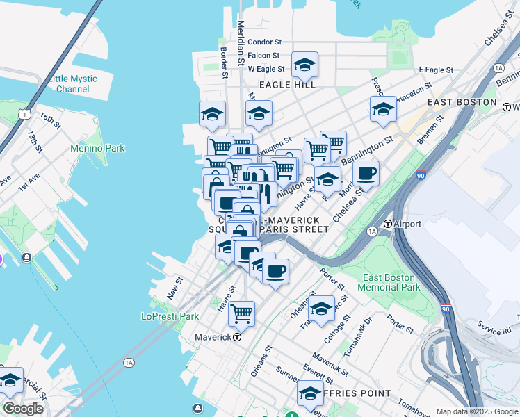 map of restaurants, bars, coffee shops, grocery stores, and more near 15 Meridian Street in Boston