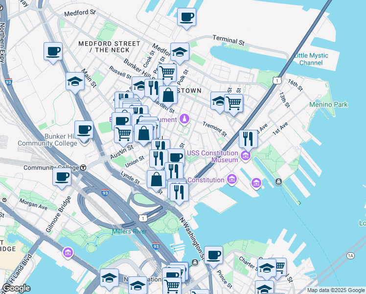 map of restaurants, bars, coffee shops, grocery stores, and more near 47 Soley Street in Boston