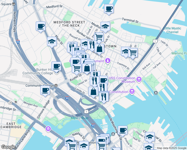 map of restaurants, bars, coffee shops, grocery stores, and more near 34A Pleasant Street in Boston