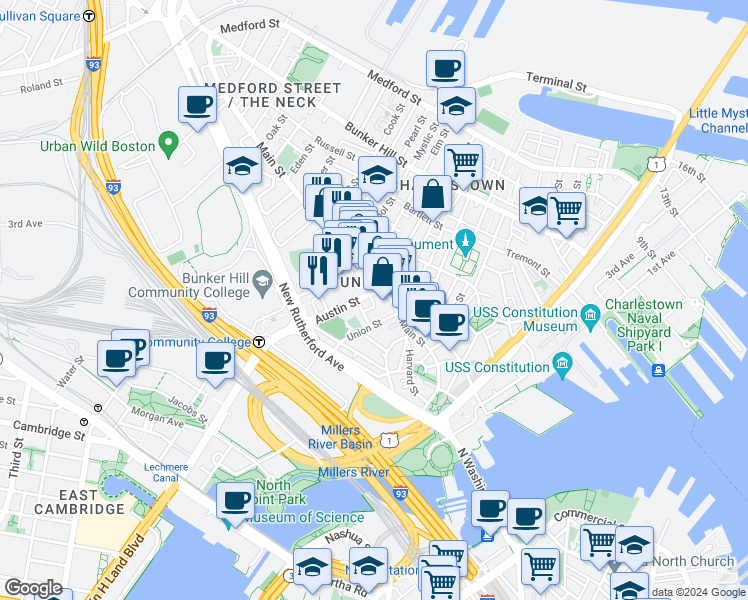 map of restaurants, bars, coffee shops, grocery stores, and more near in Boston