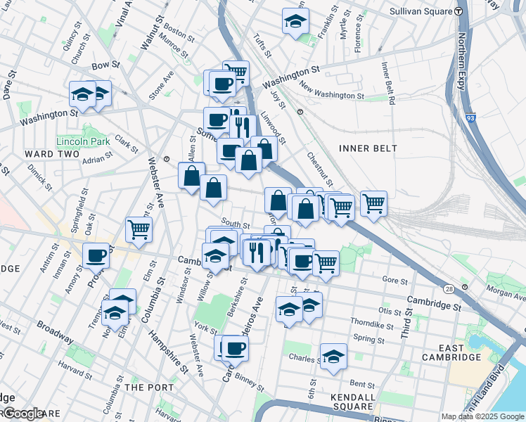 map of restaurants, bars, coffee shops, grocery stores, and more near 22 Horace Street in Somerville