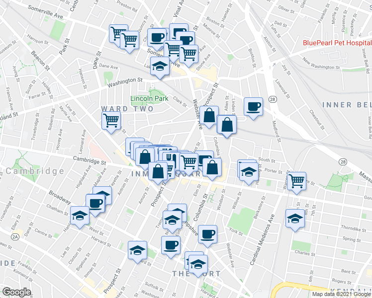 map of restaurants, bars, coffee shops, grocery stores, and more near 110 Prospect Street in Somerville