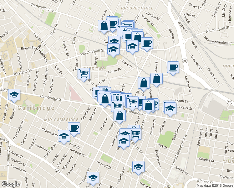map of restaurants, bars, coffee shops, grocery stores, and more near 25 Houghton Street in Somerville