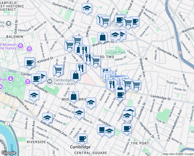 map of restaurants, bars, coffee shops, grocery stores, and more near 28 Beacon Street in Somerville