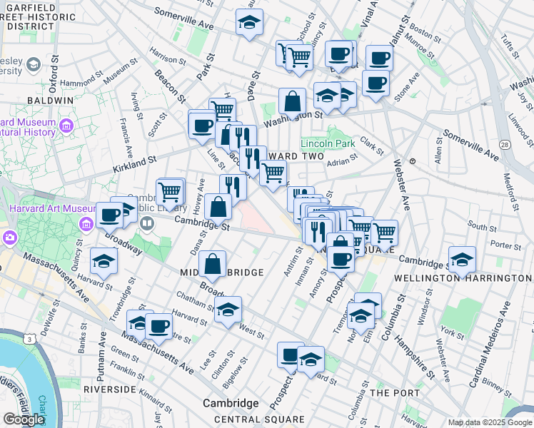 map of restaurants, bars, coffee shops, grocery stores, and more near 28 Beacon Street in Somerville