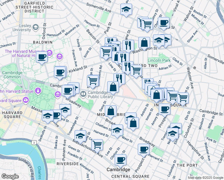 map of restaurants, bars, coffee shops, grocery stores, and more near 4 Leonard Avenue in Cambridge