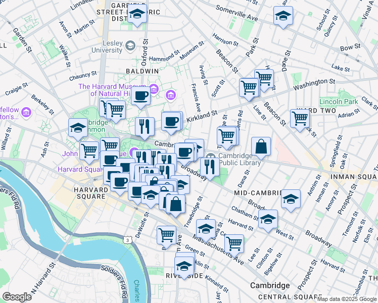 map of restaurants, bars, coffee shops, grocery stores, and more near 1716 Cambridge Street in Cambridge