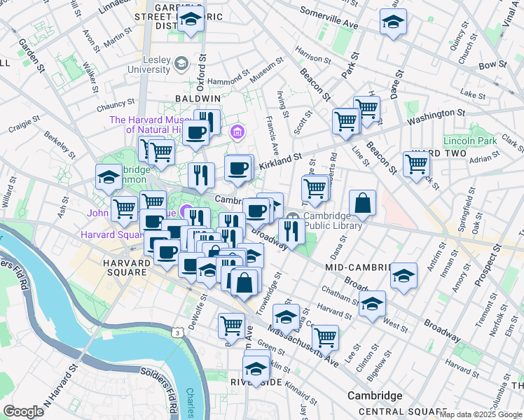 map of restaurants, bars, coffee shops, grocery stores, and more near in Cambridge