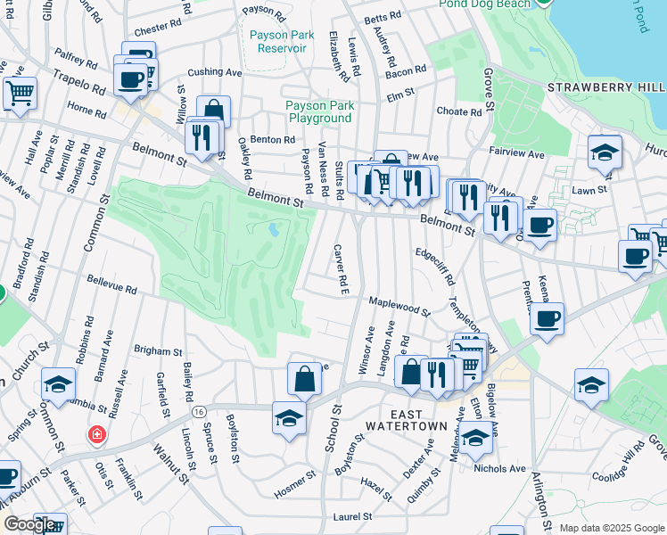 map of restaurants, bars, coffee shops, grocery stores, and more near 61 Carver Road in Watertown