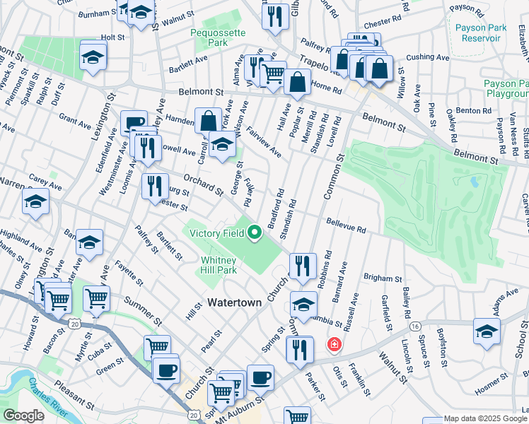 map of restaurants, bars, coffee shops, grocery stores, and more near 19 Channing Road in Watertown