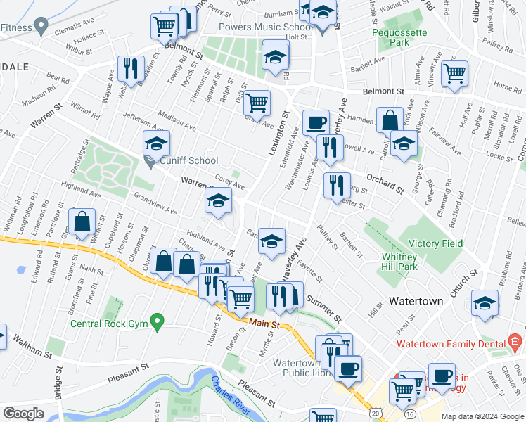 map of restaurants, bars, coffee shops, grocery stores, and more near 43 Warren Street in Watertown