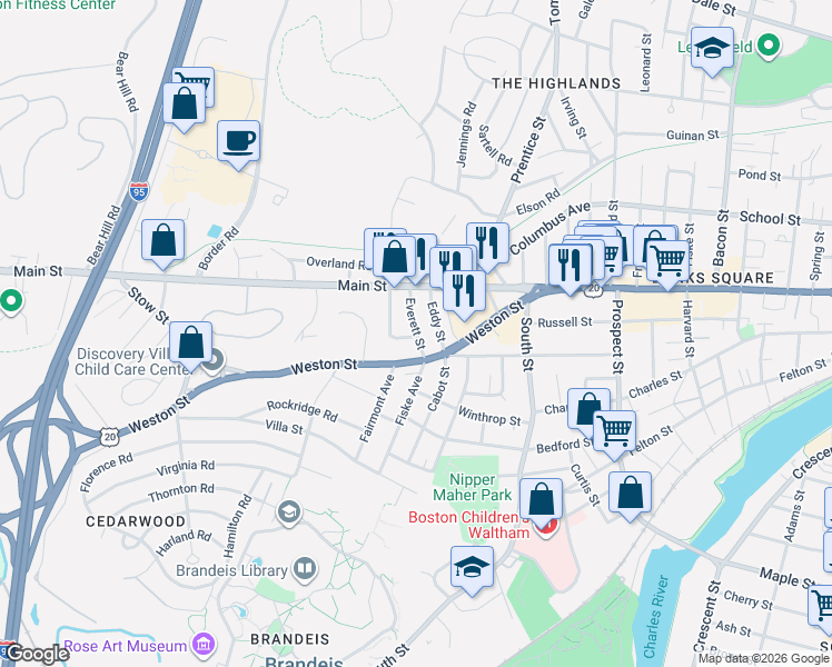 map of restaurants, bars, coffee shops, grocery stores, and more near 60 Nathan Road in Waltham