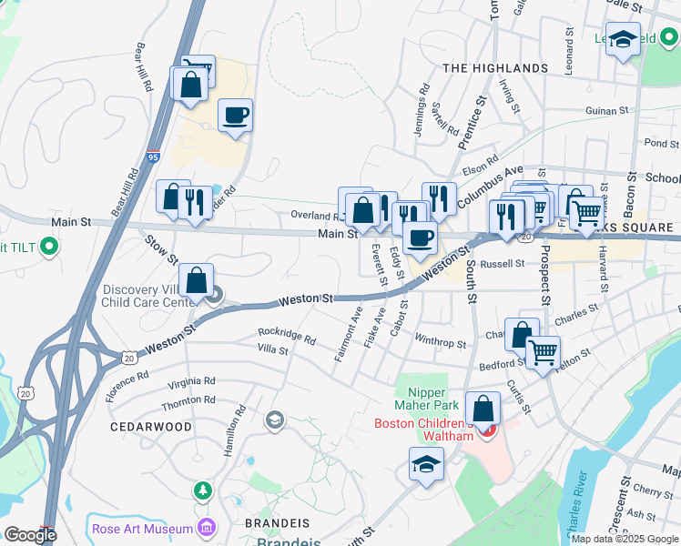 map of restaurants, bars, coffee shops, grocery stores, and more near 23 Caldwell Road in Waltham