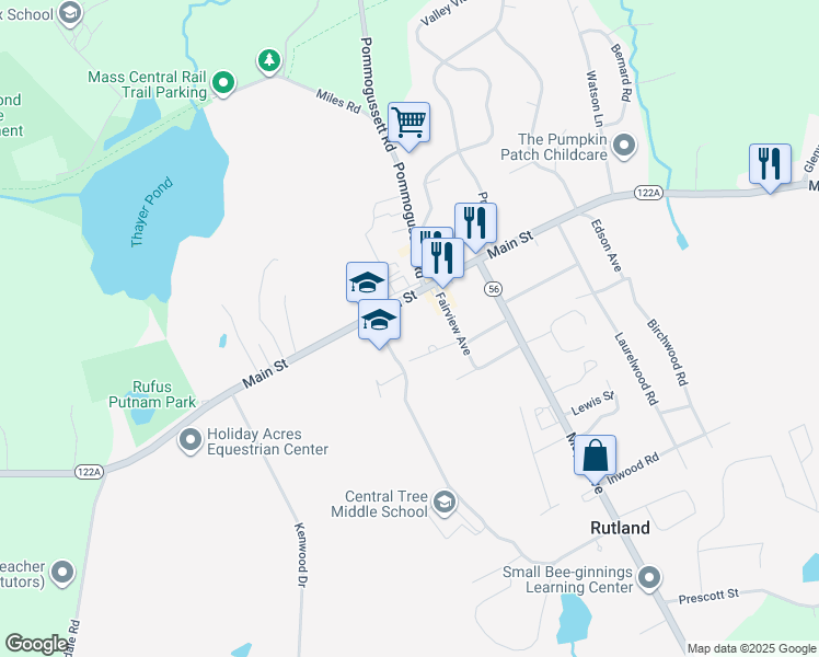 map of restaurants, bars, coffee shops, grocery stores, and more near 279 Main Street in Rutland