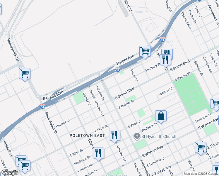 map of restaurants, bars, coffee shops, grocery stores, and more near 3132 Medbury Street in Detroit