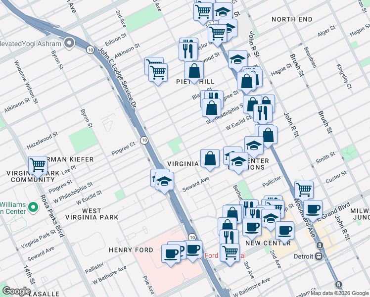 map of restaurants, bars, coffee shops, grocery stores, and more near 751 West Euclid Street in Detroit